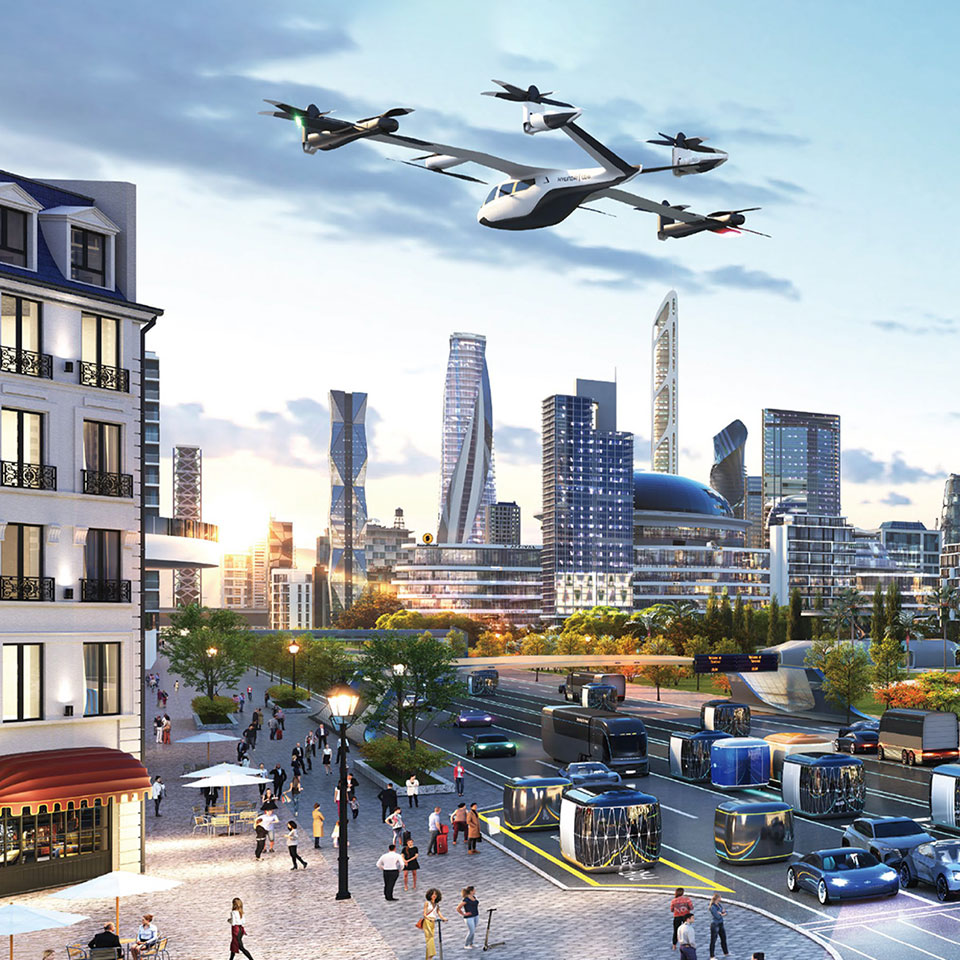 UAM flying in the sky in the future city