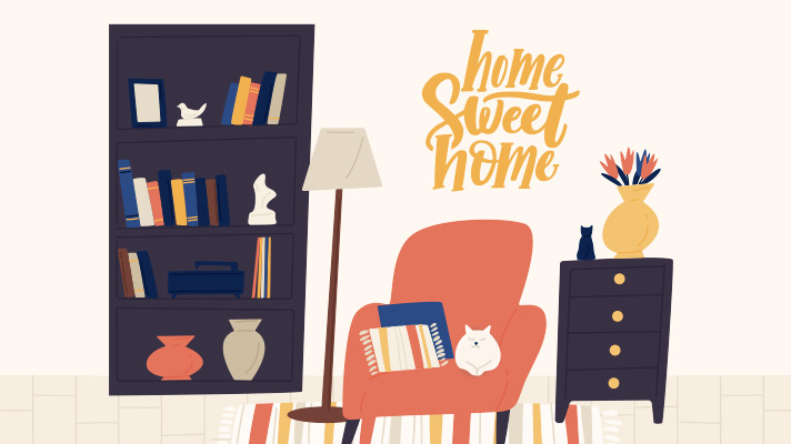 Illustration of a cozy study with cat lying on an armchair