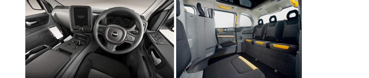 The interior of a British black cab taxi