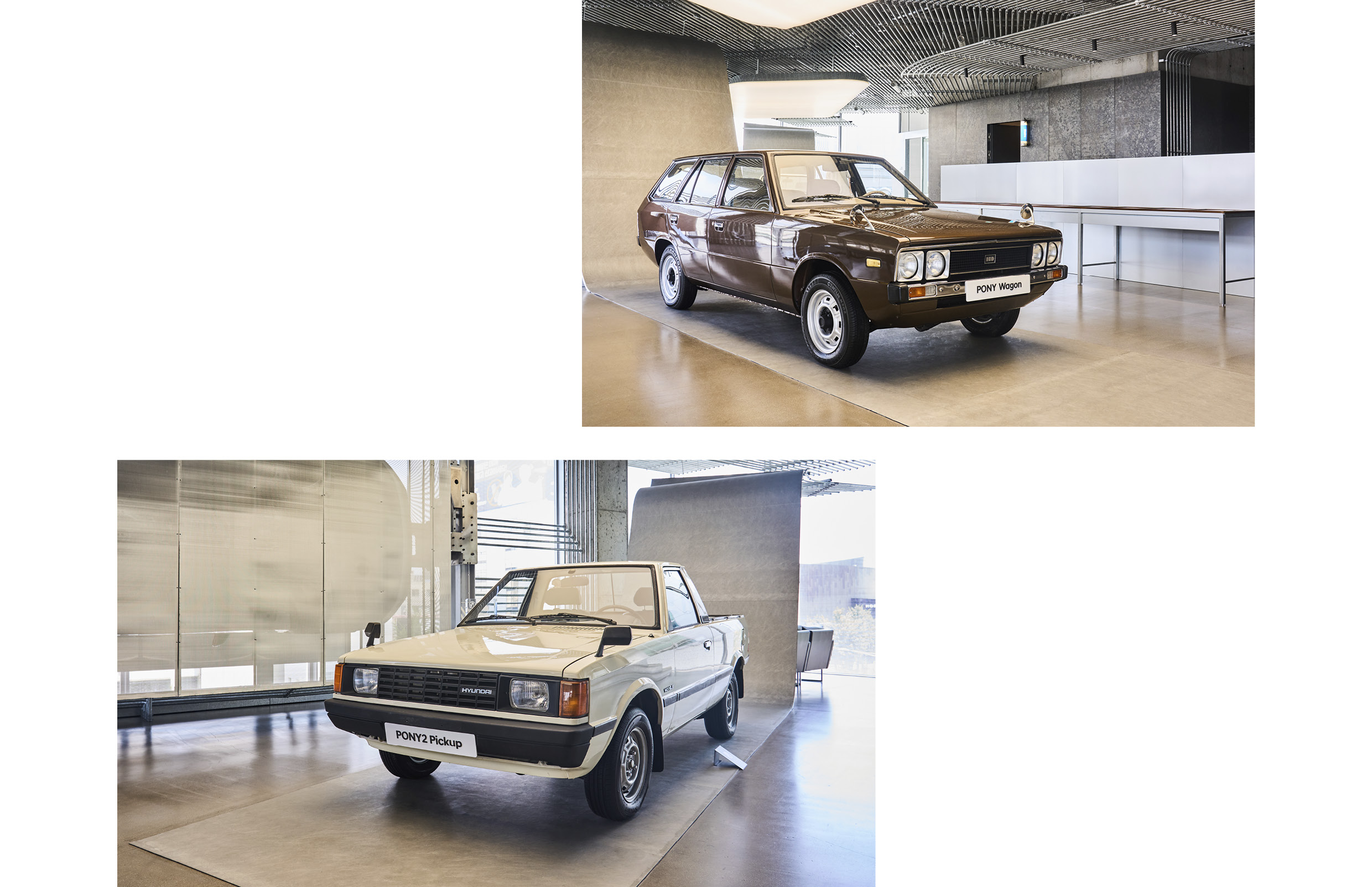 Pony Wagon and Pony Pickup Truck displayed at Hyundai Motor Company's 'Pony Time' exhibition