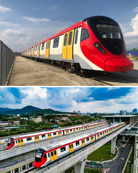 Railroad cars manufactured by Hyundai Rotem and delivered to MRTC, a public railway company in Malaysia, are painted in red and yellow.