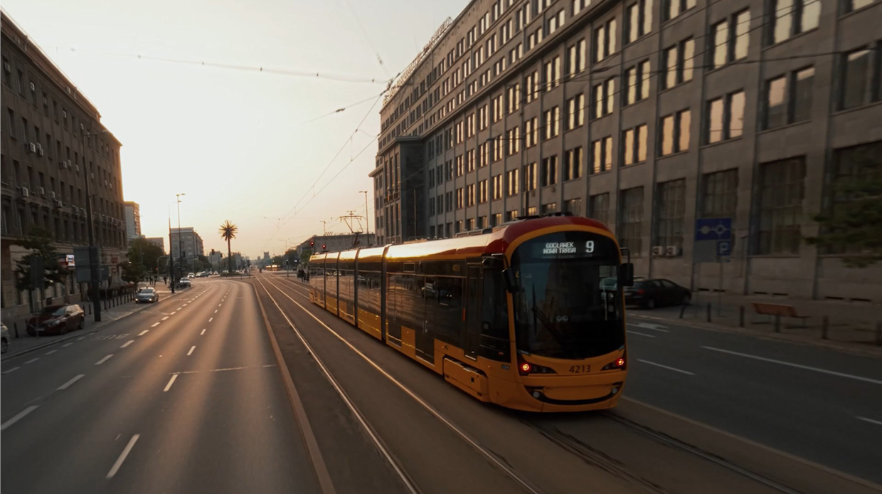 Photo of Warsaw Tram, made by Hyundai Rotem, running in Poland