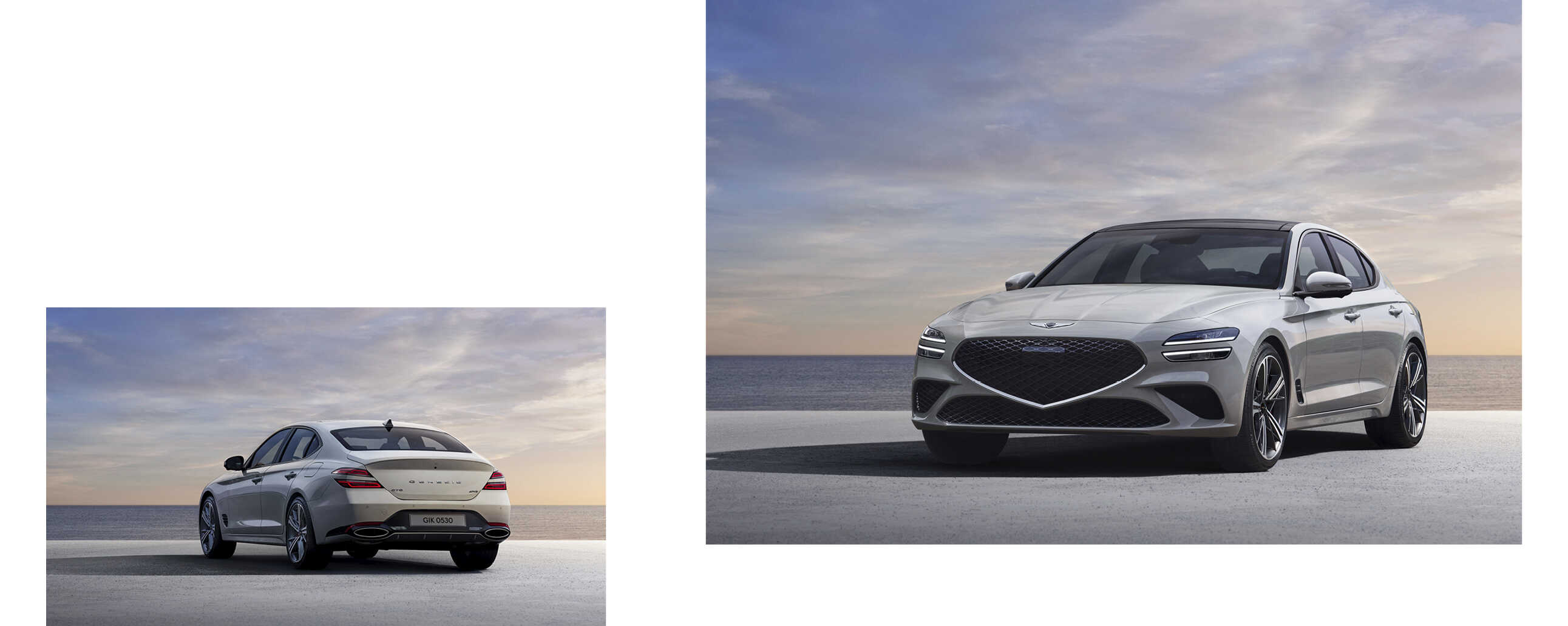Genesis G70 standing on the beach at sunset