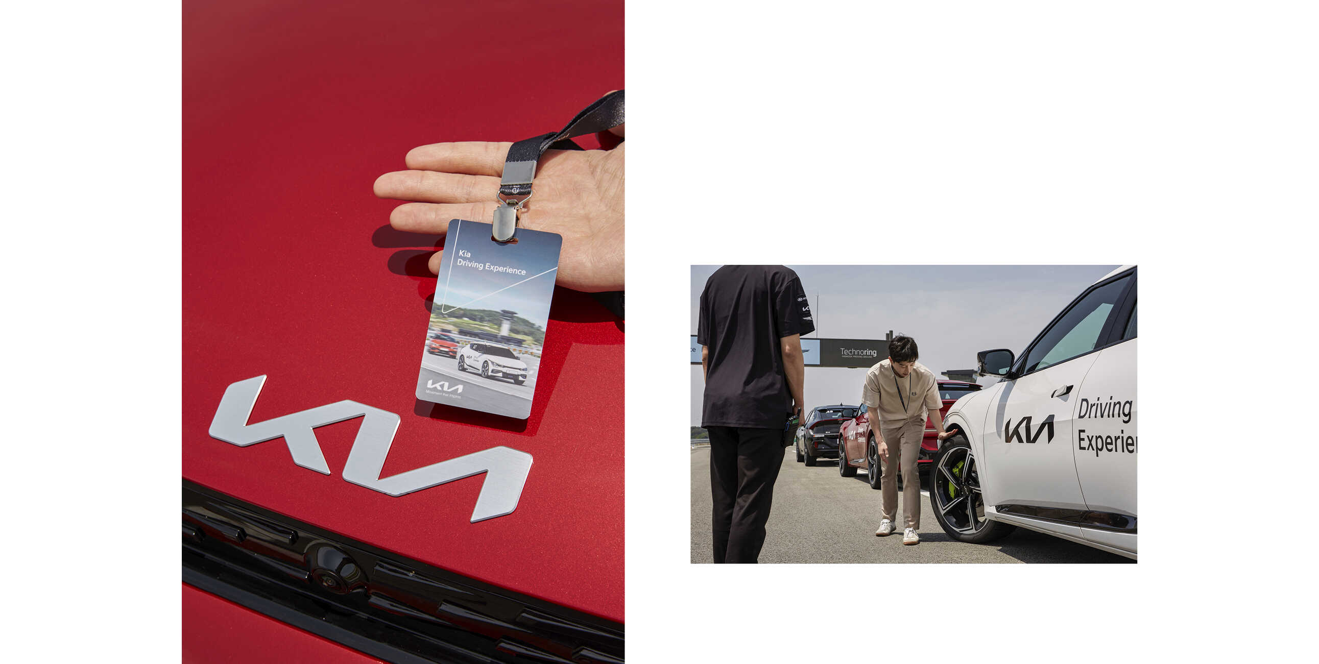 A man checking the front tire of the EV6 and the pass placed on the bonnet of the EV6 GT