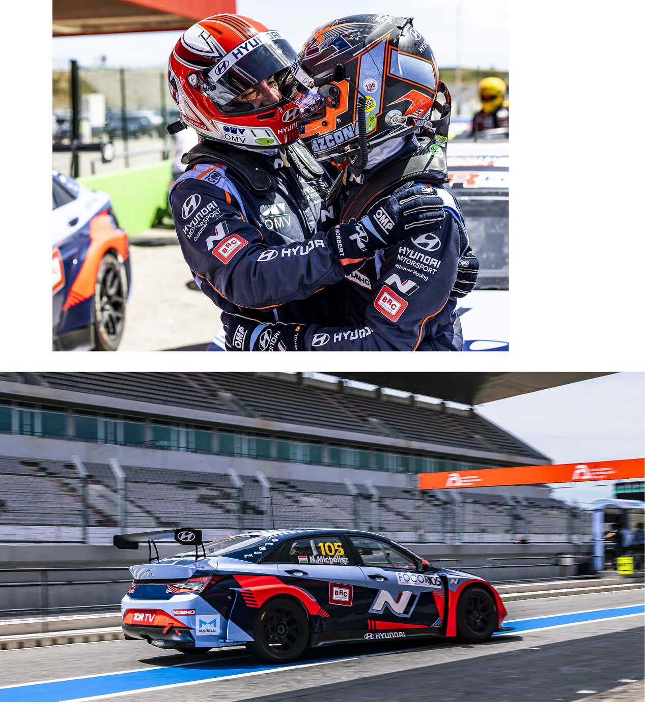 The drivers of the BRC Hyundai team are hugging each other