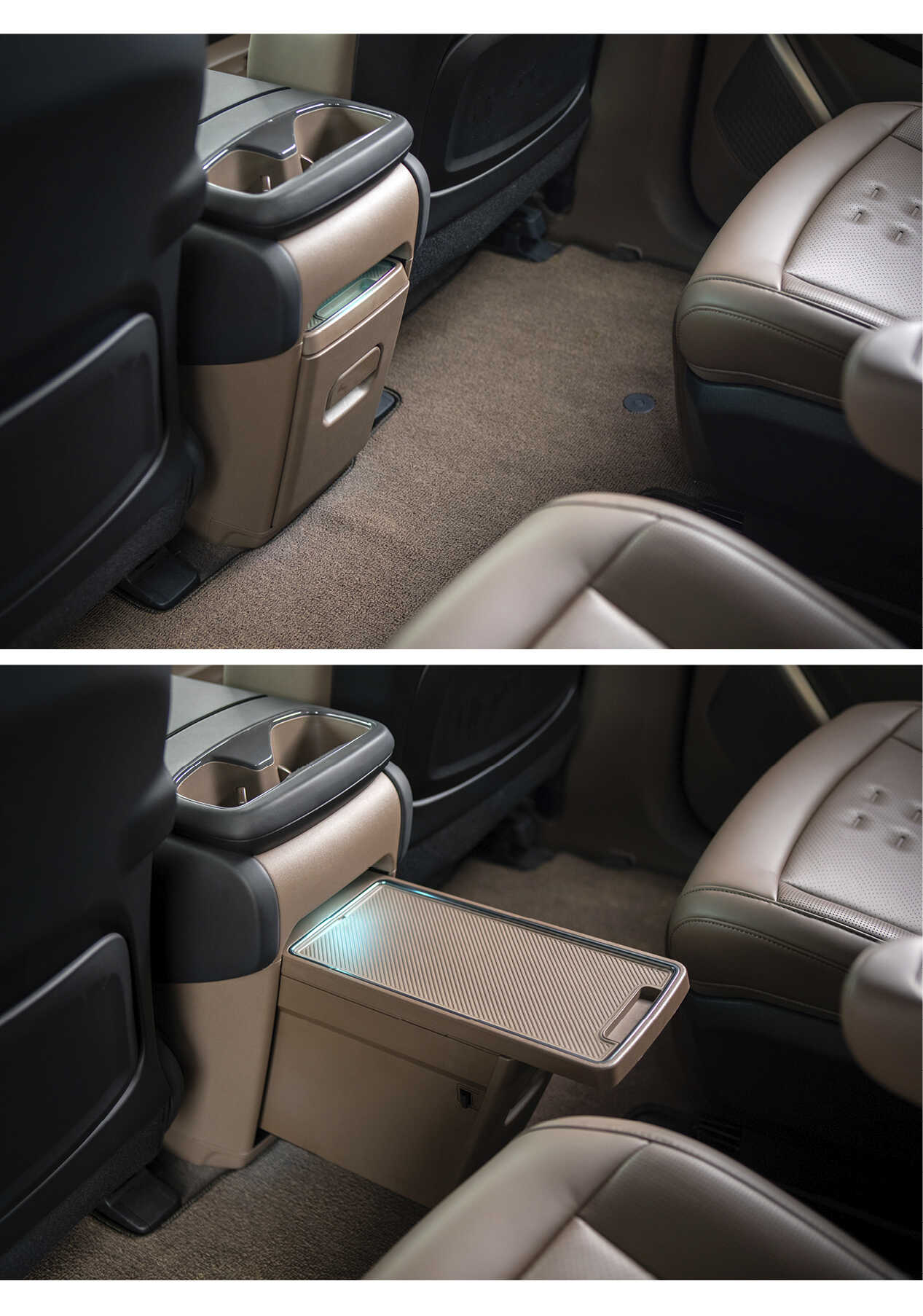 Center console tray stored and unfolded