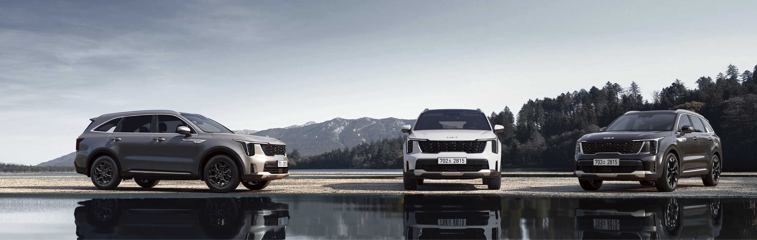Three Sorentos standing in front of the water