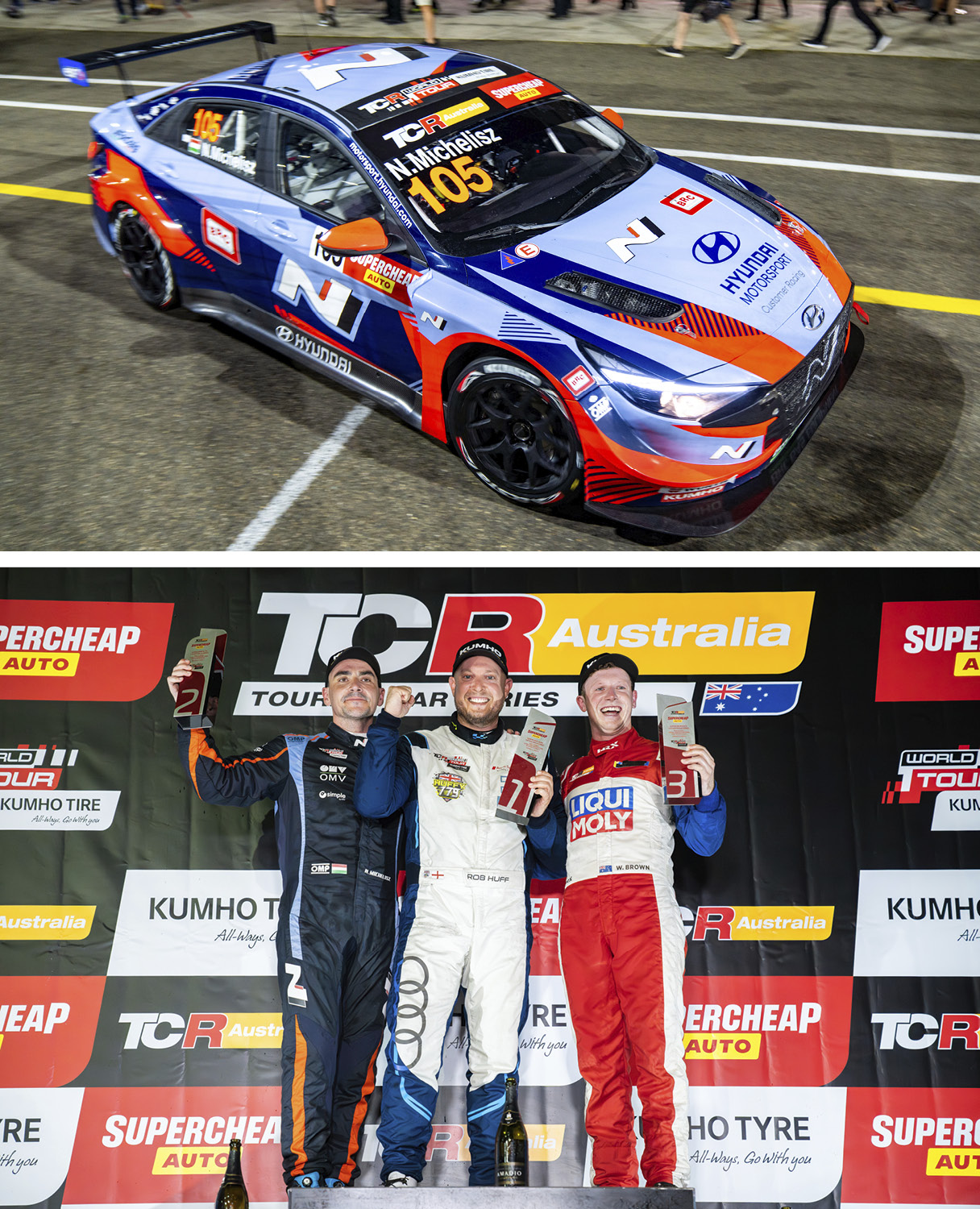 아반떼 N TCR 경주차와 연단에 선 1~3위 드라이버의 모습