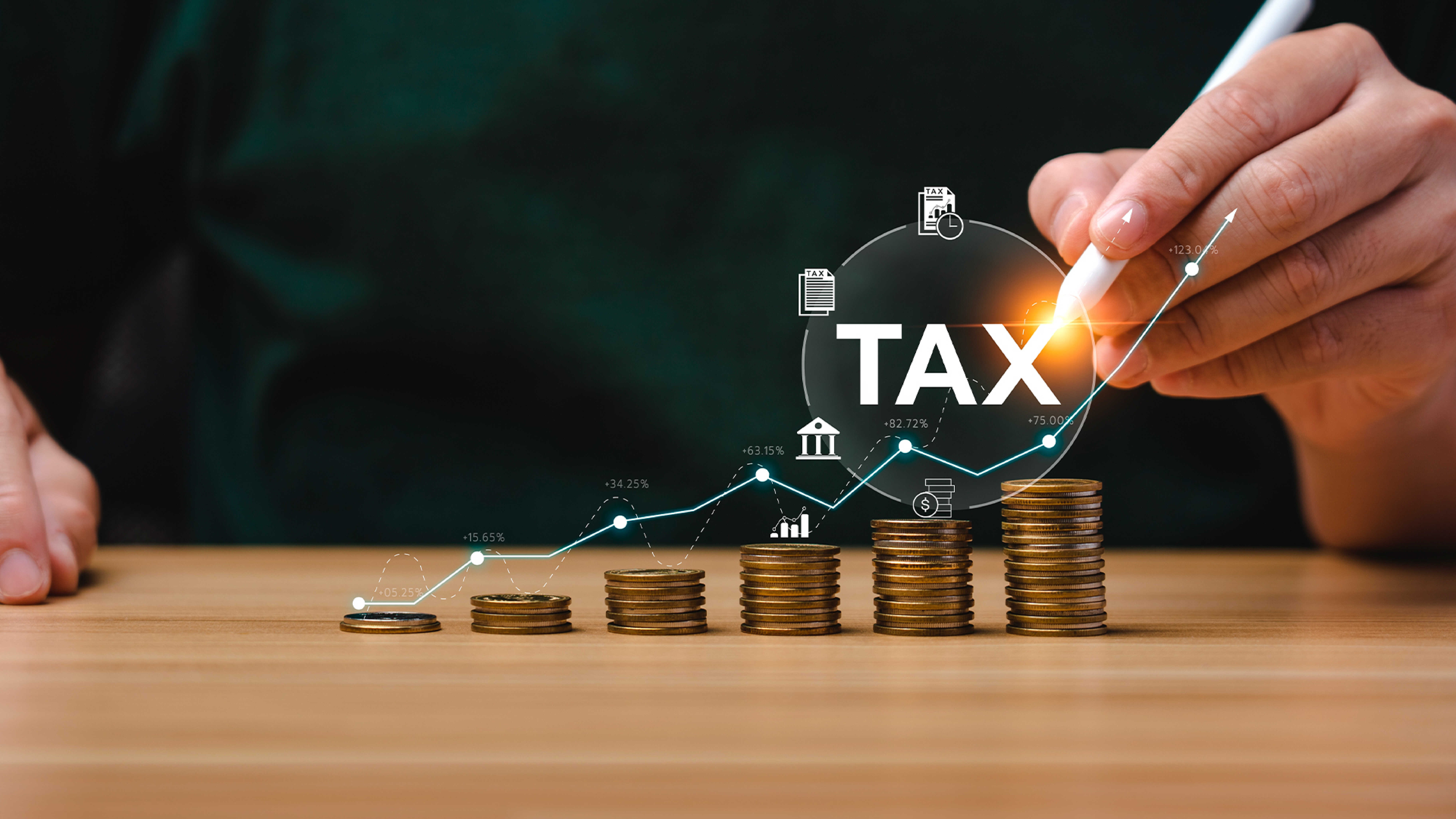 The appearance of stacked coins and fingers pointing to them with a pencil