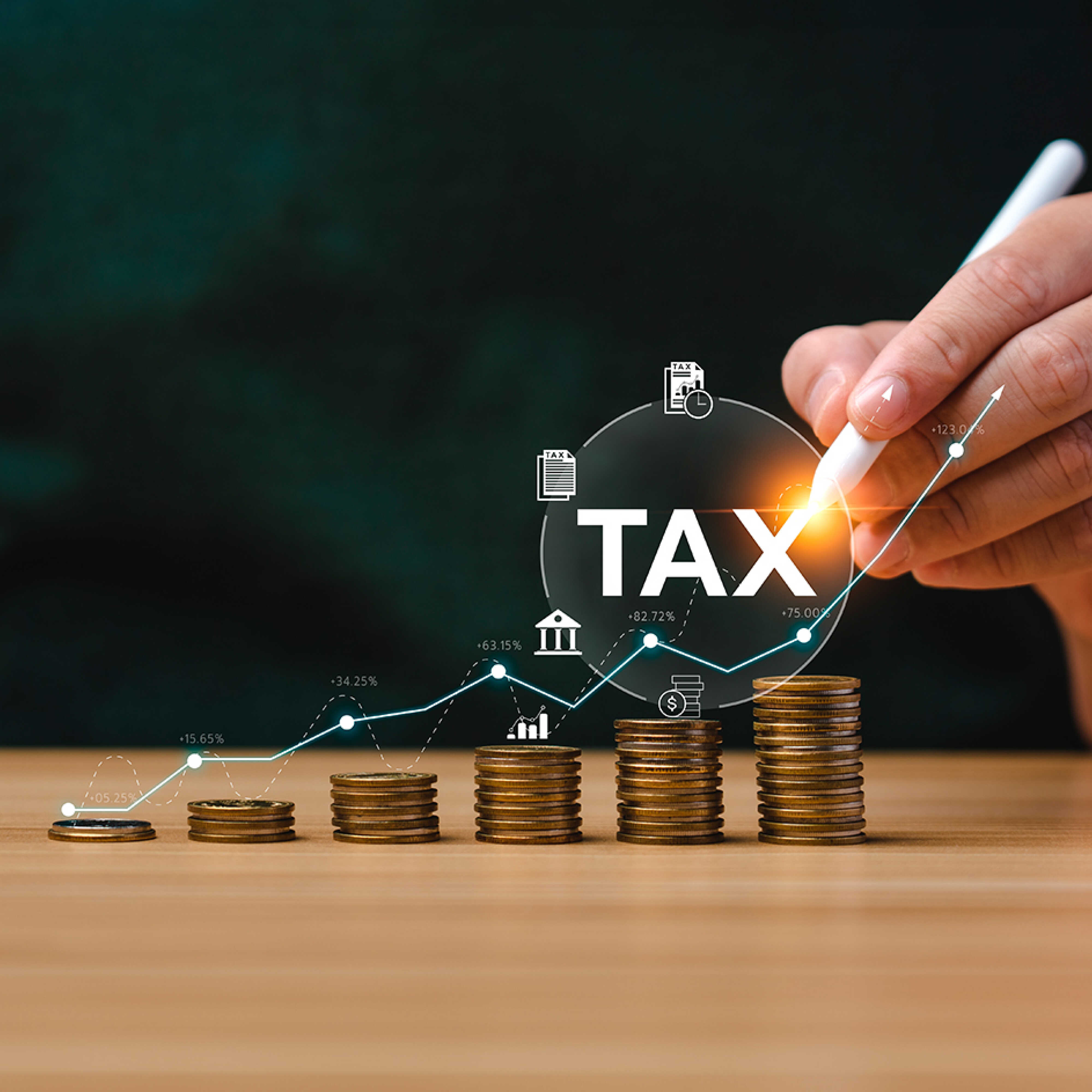 The appearance of stacked coins and fingers pointing to them with a pencil