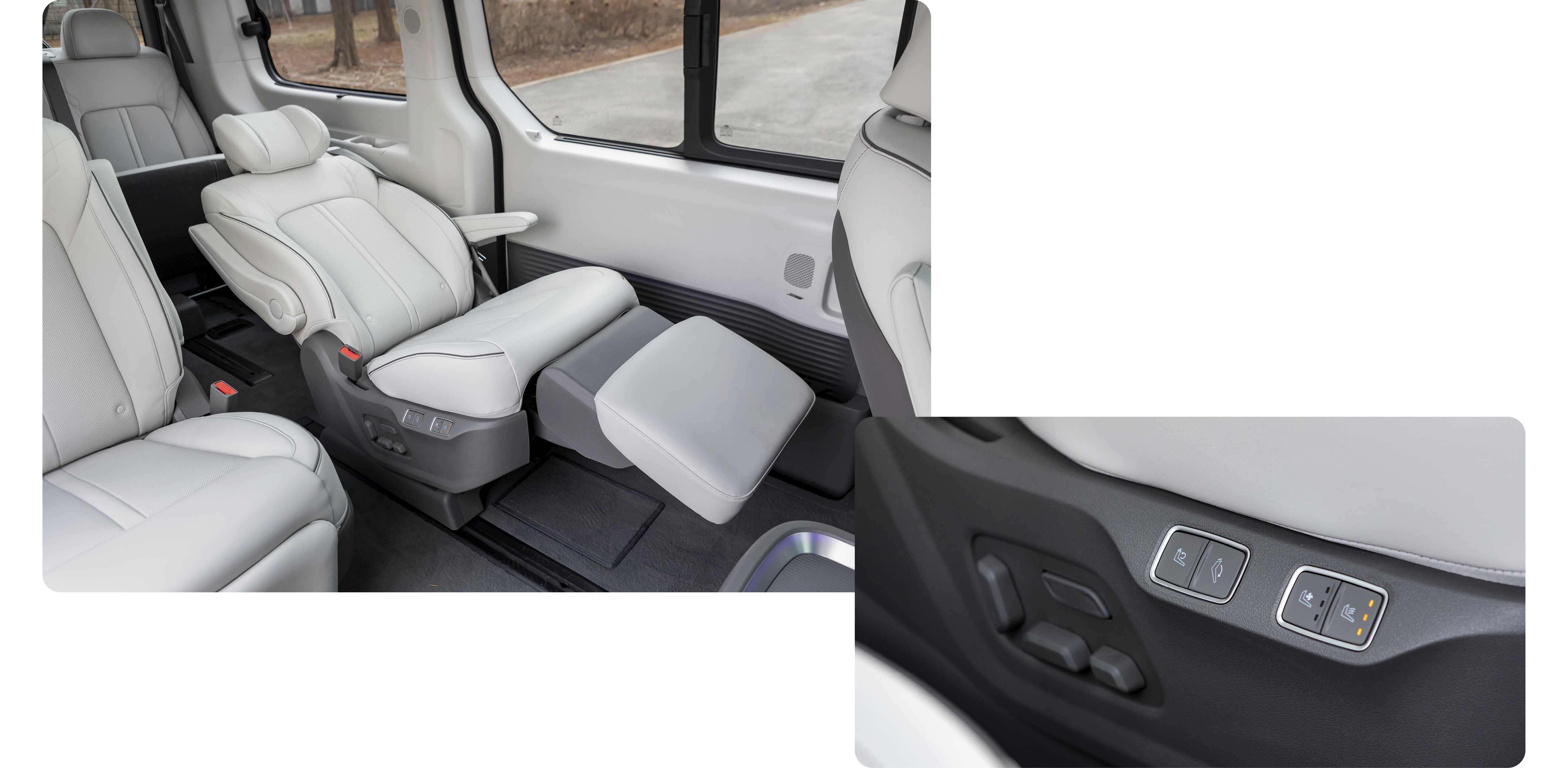 A demonstration of the second row seat reclining function and a look down at the seat side button