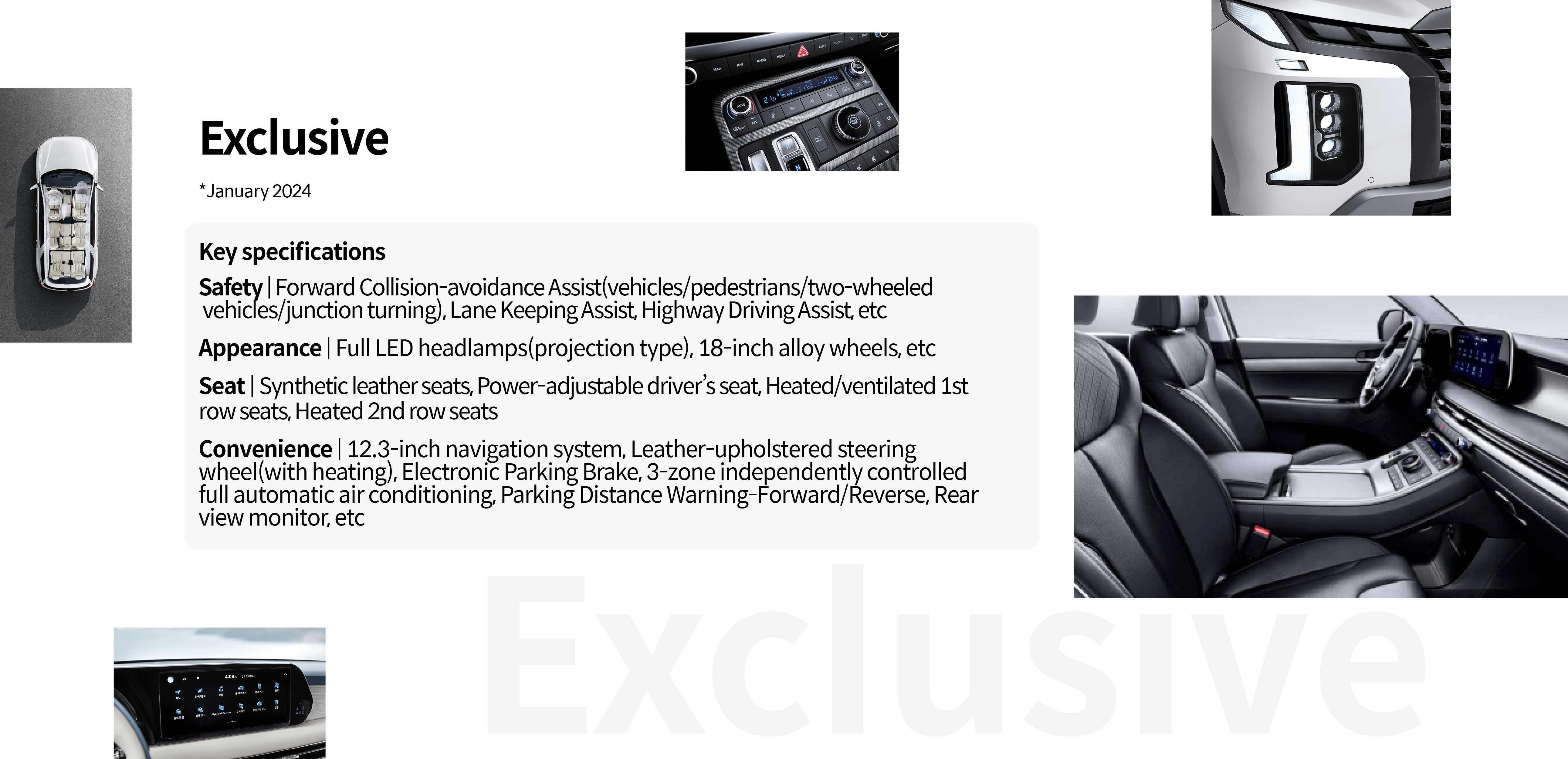 Excluse sheet Key Specifications Safety, Appearance, Seat, Convenience Specification List