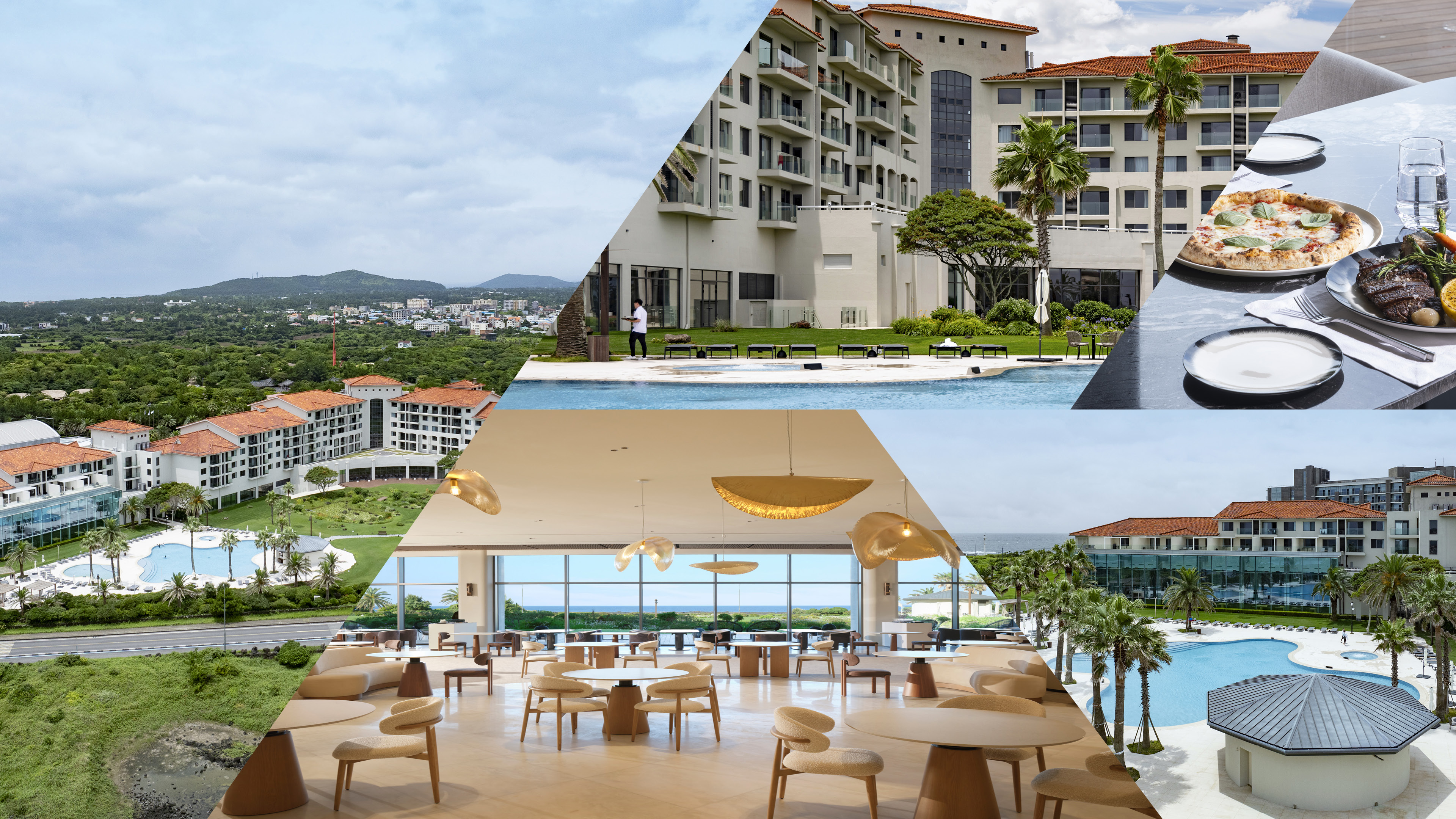 A collection of images, including resort facades, meals, etc