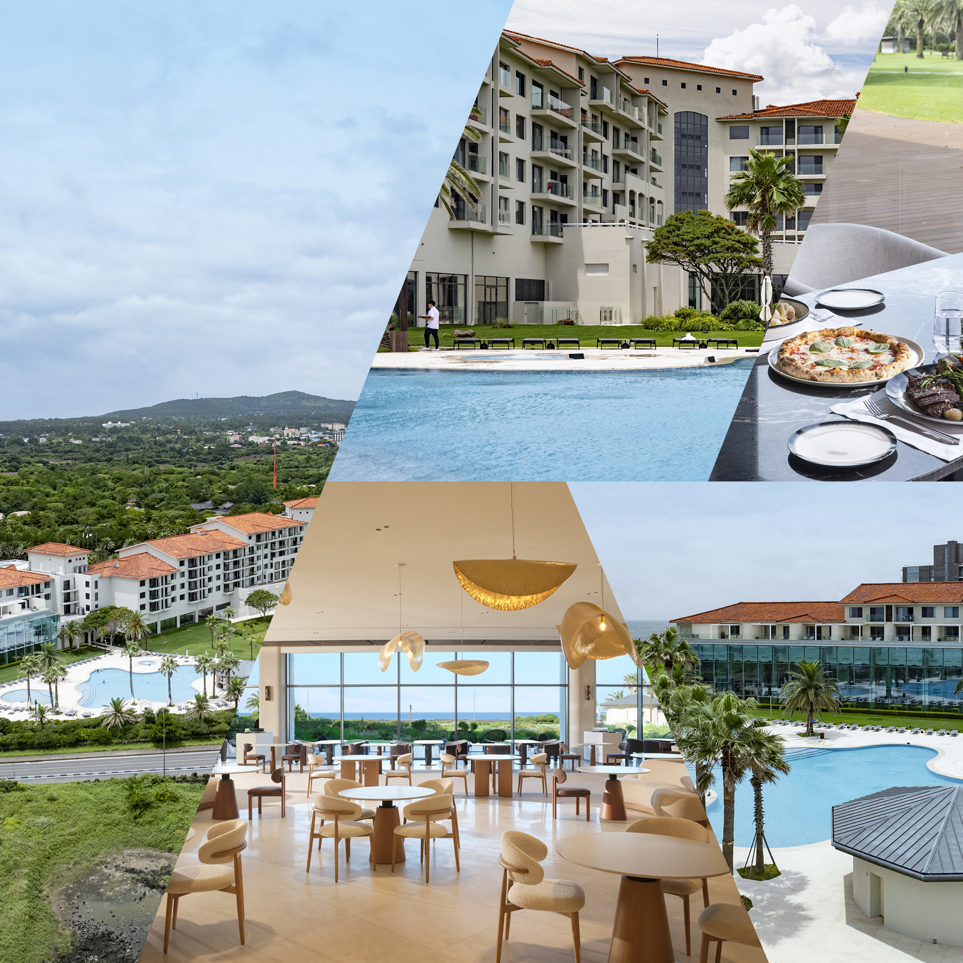 A collection of images, including resort facades, meals, etc