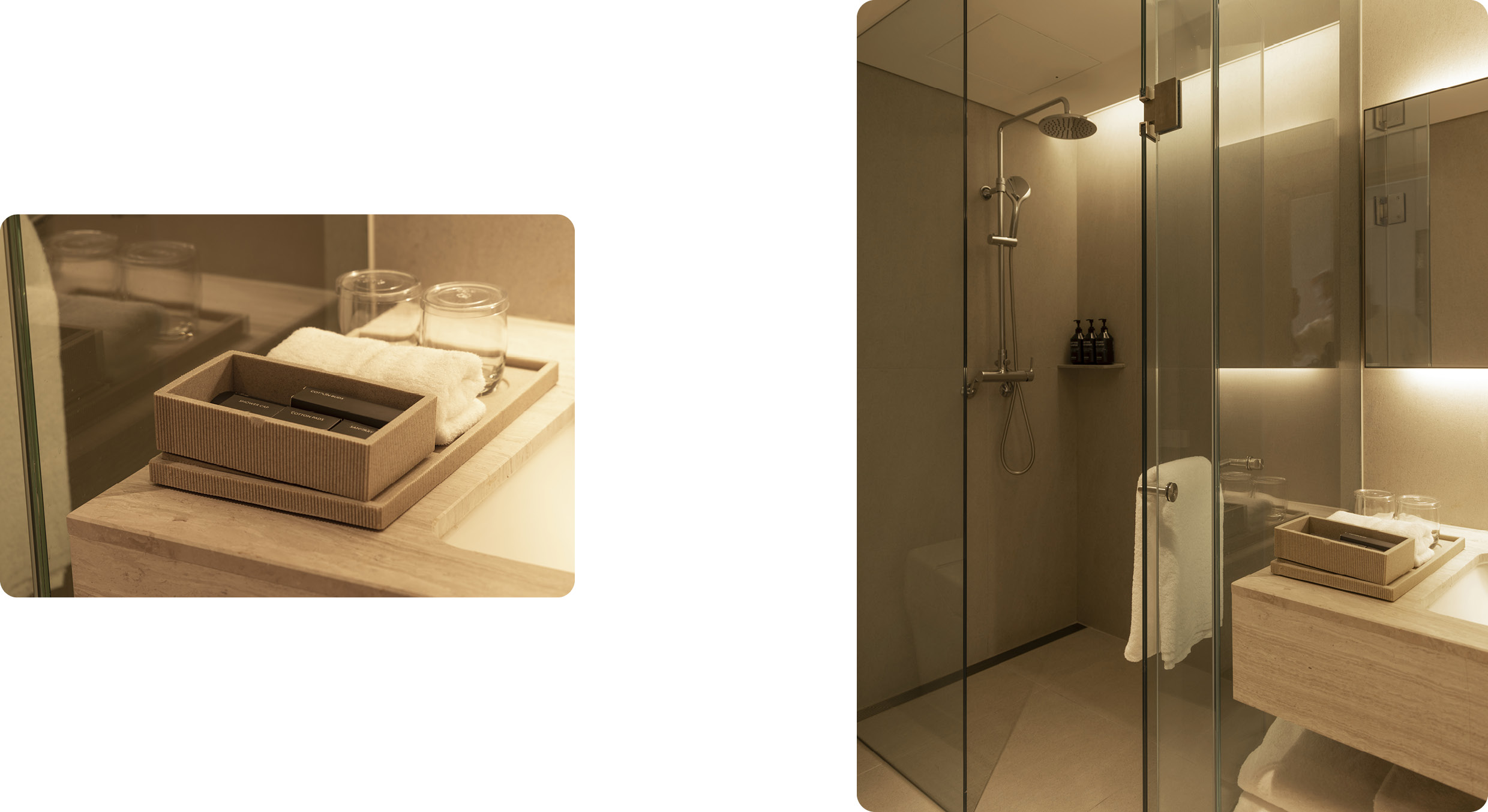 The bathroom shower room and the amenities next to the sink