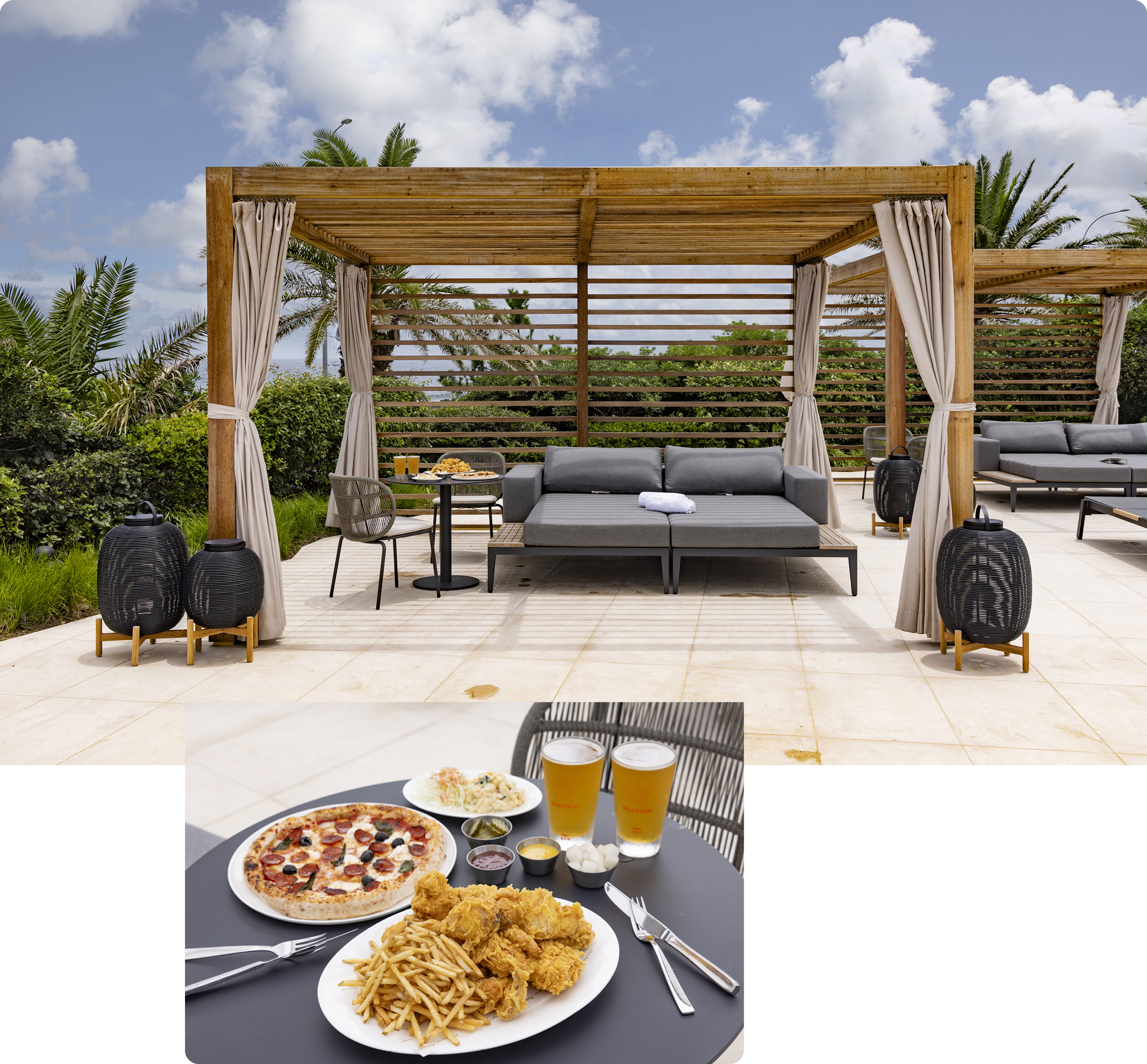 Meals such as cabana, chicken, pizza, etc. installed in the pool
