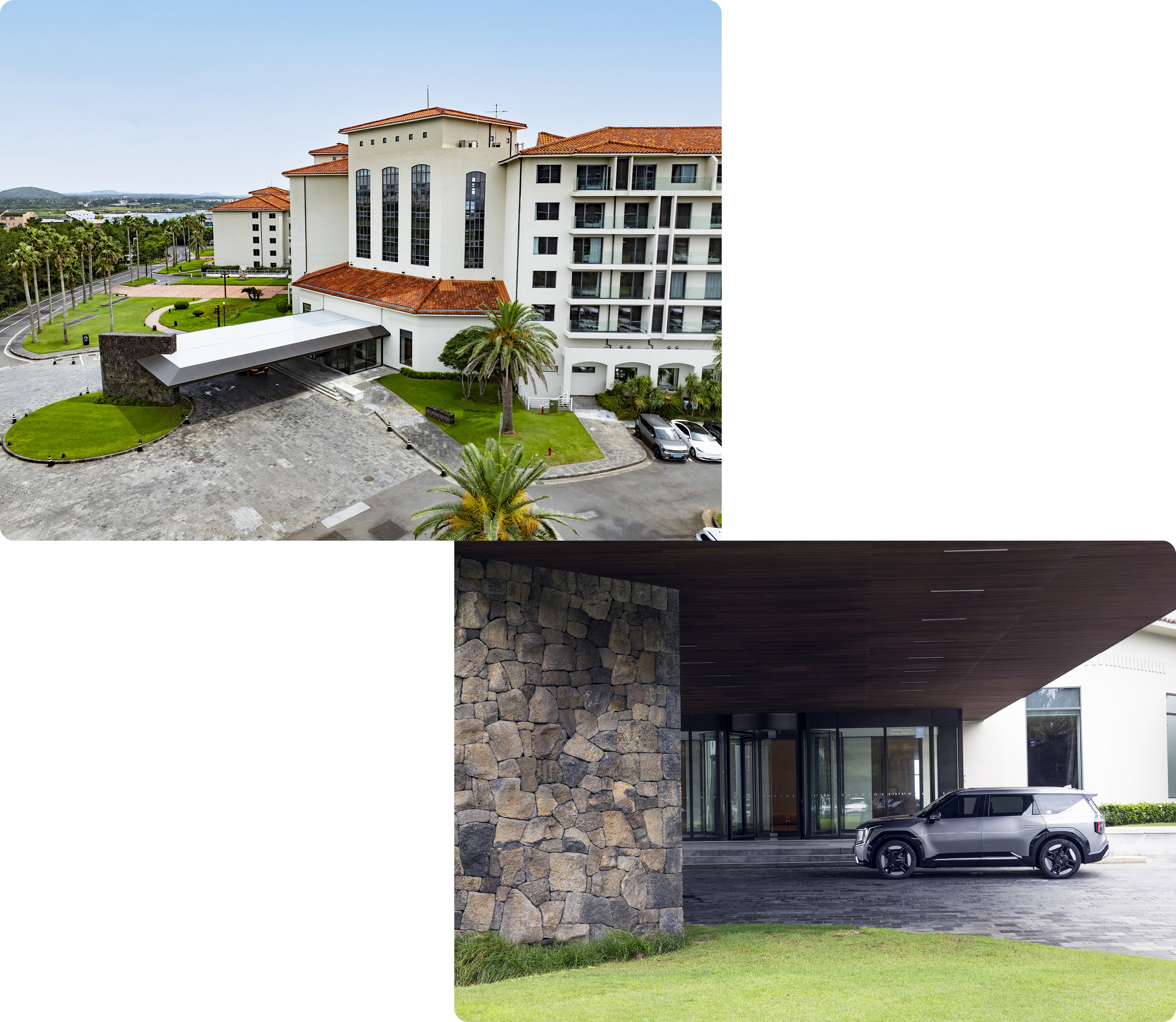 The exterior of the resort adjacent to the sea and the side of the car stopped at the front door of the resort