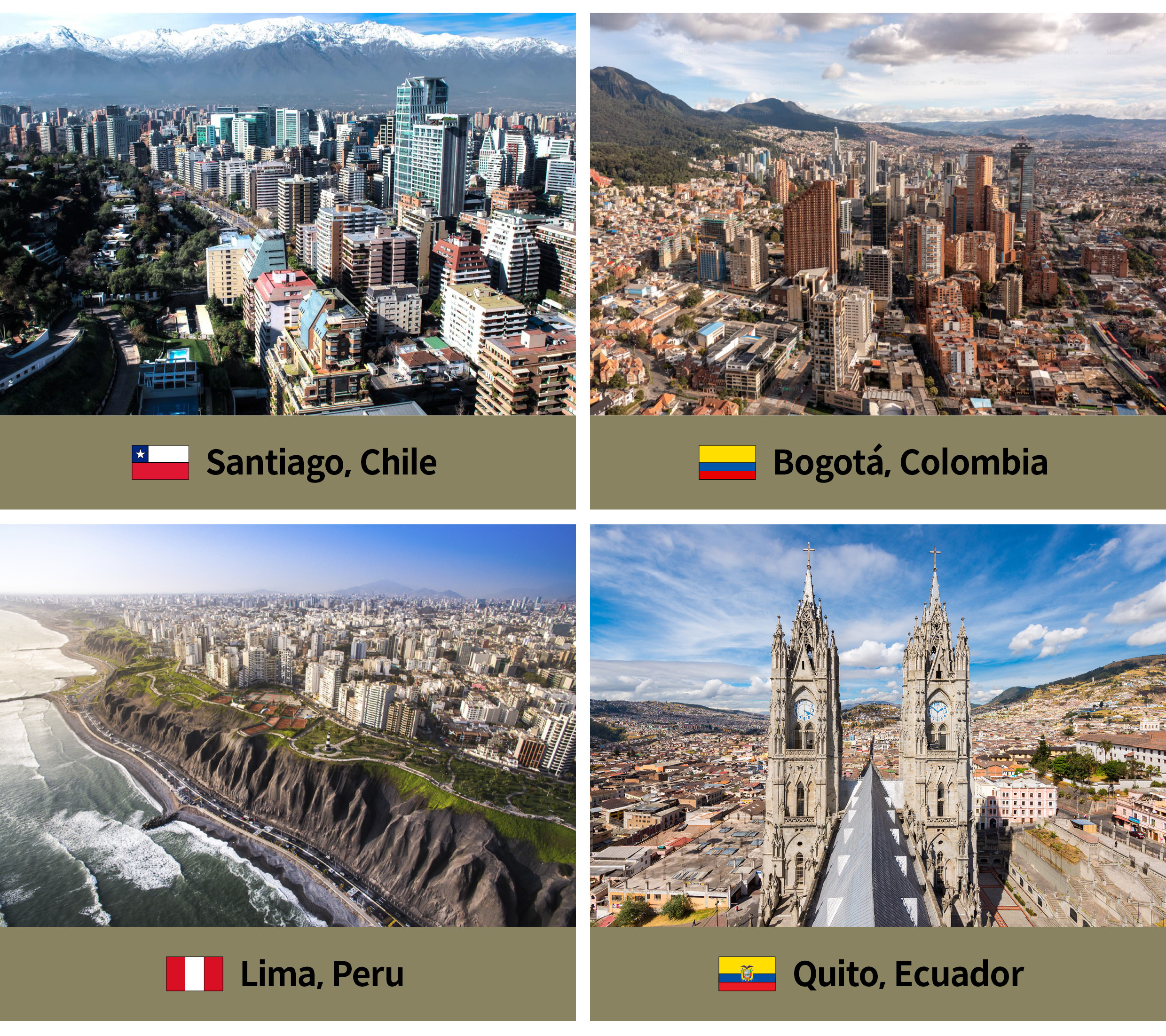 Santiago, Bogota, Lima, and Quito cities