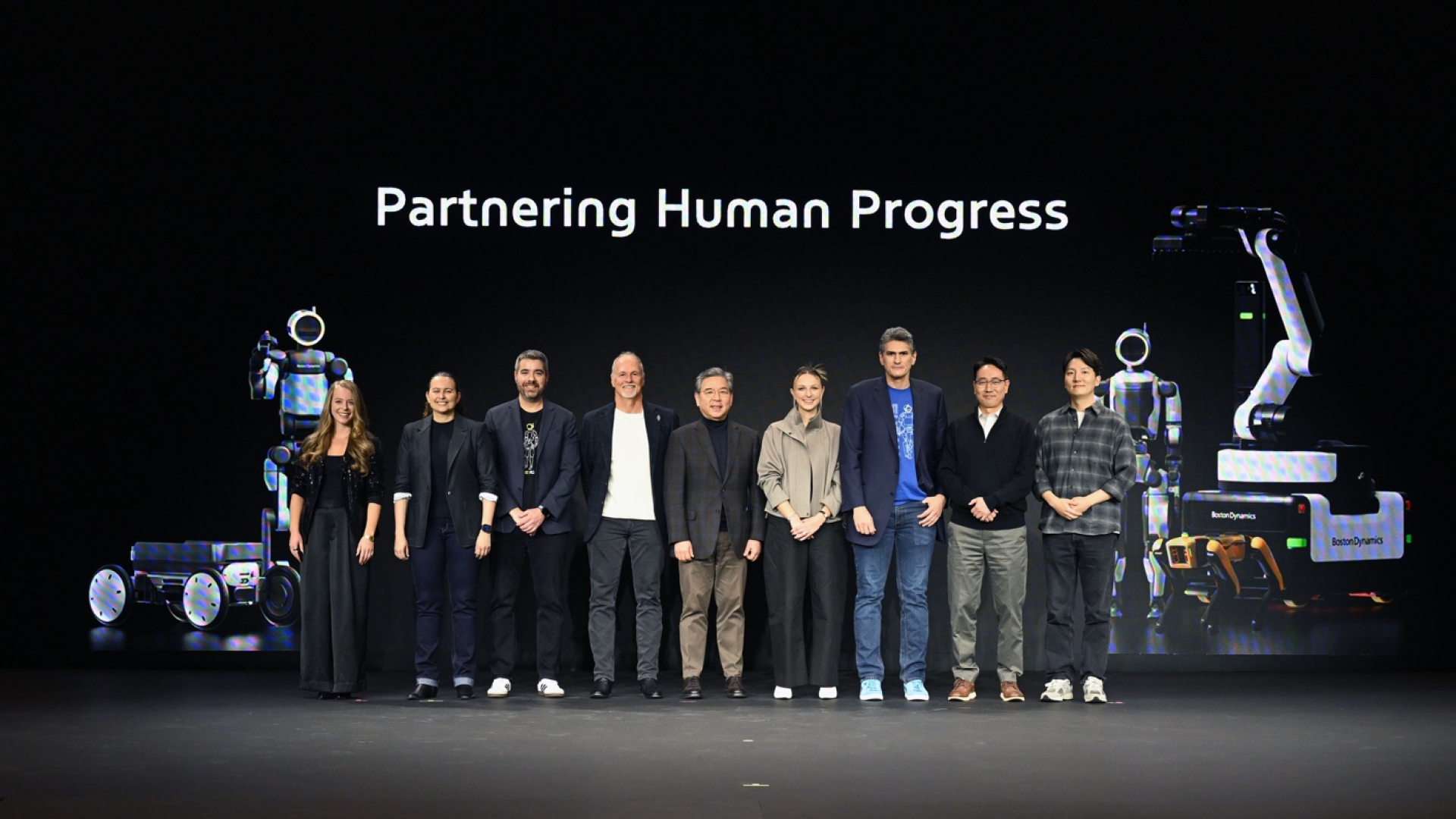 (From left) Merry Frayne, Director of Spot Product Management at Boston Dynamics; Carolina Parada, Head of Robotics at Google Deepmind; Alberto Rodriguez, Director of Atlas Behavior at Boston Dynamics; Robert Playter, CEO of Boston Dynamics; Jaehoon Chang, Vice Chair of Hyundai Motor Group; Aya Durbin, Humanoid Application Product Lead at Boston Dynamics; Zachary Jackowski, Vice President and General Manager of Atlas at Boston Dynamics; Woong Jae Lee, Vice President of Manufacturing Division at Hyundai Motor Group and Chief Innovation Officer of Boston Dynamics; Seunghyun Woo, Future Strategy Team Lead at Hyundai Motor Group