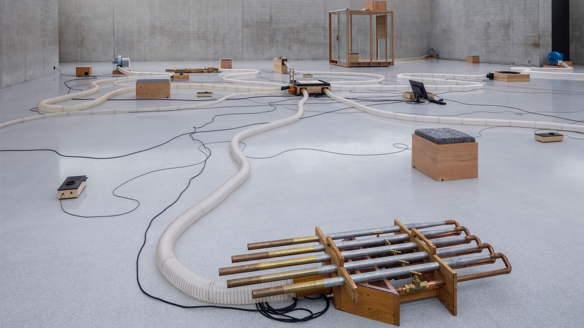 Tarek Atoui, Souffle Continu, 2023–4. Installation view third floor Kunsthaus Bregenz, 2024. Photo: Markus Tretter. © Tarek Atoui, Kunsthaus Bregenz. Courtesy of the artist.