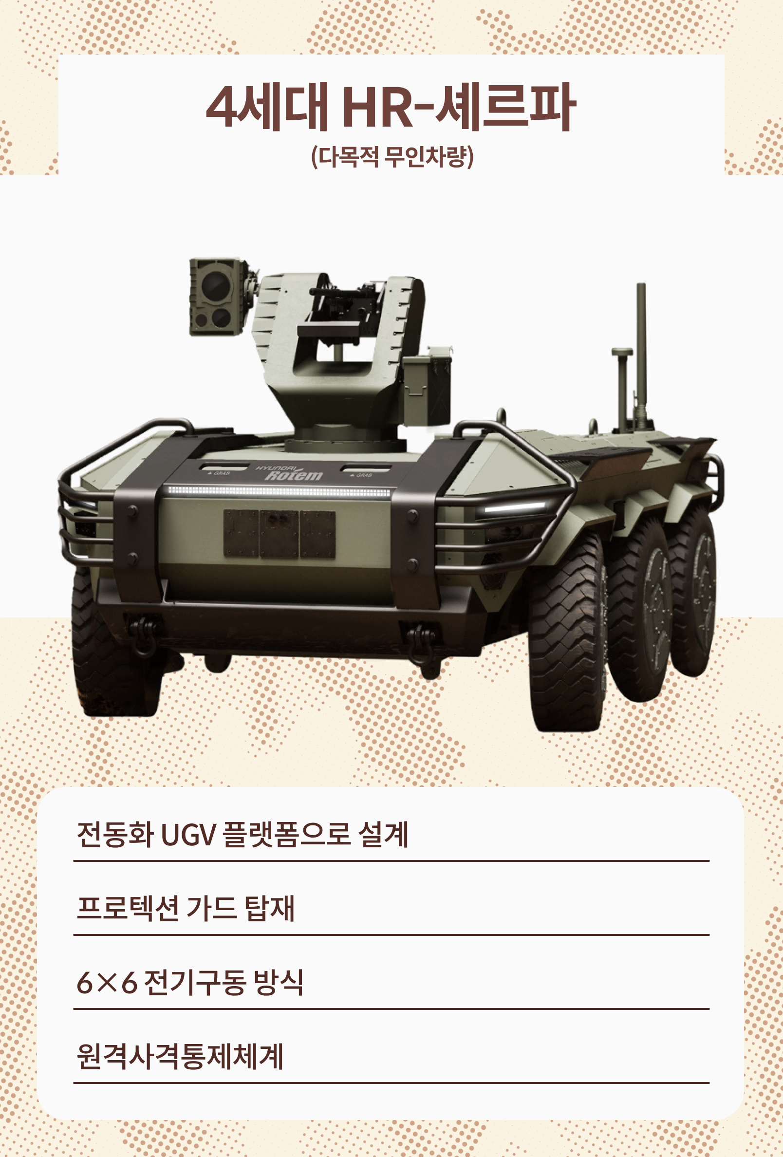 4세대 HR-셰르파(다목적 무인차량): 전동화 UGV 플랫폼으로 설계, 프로텍션 가드 탑재, 6×6 전기구동 방식, 원격사격통제체계