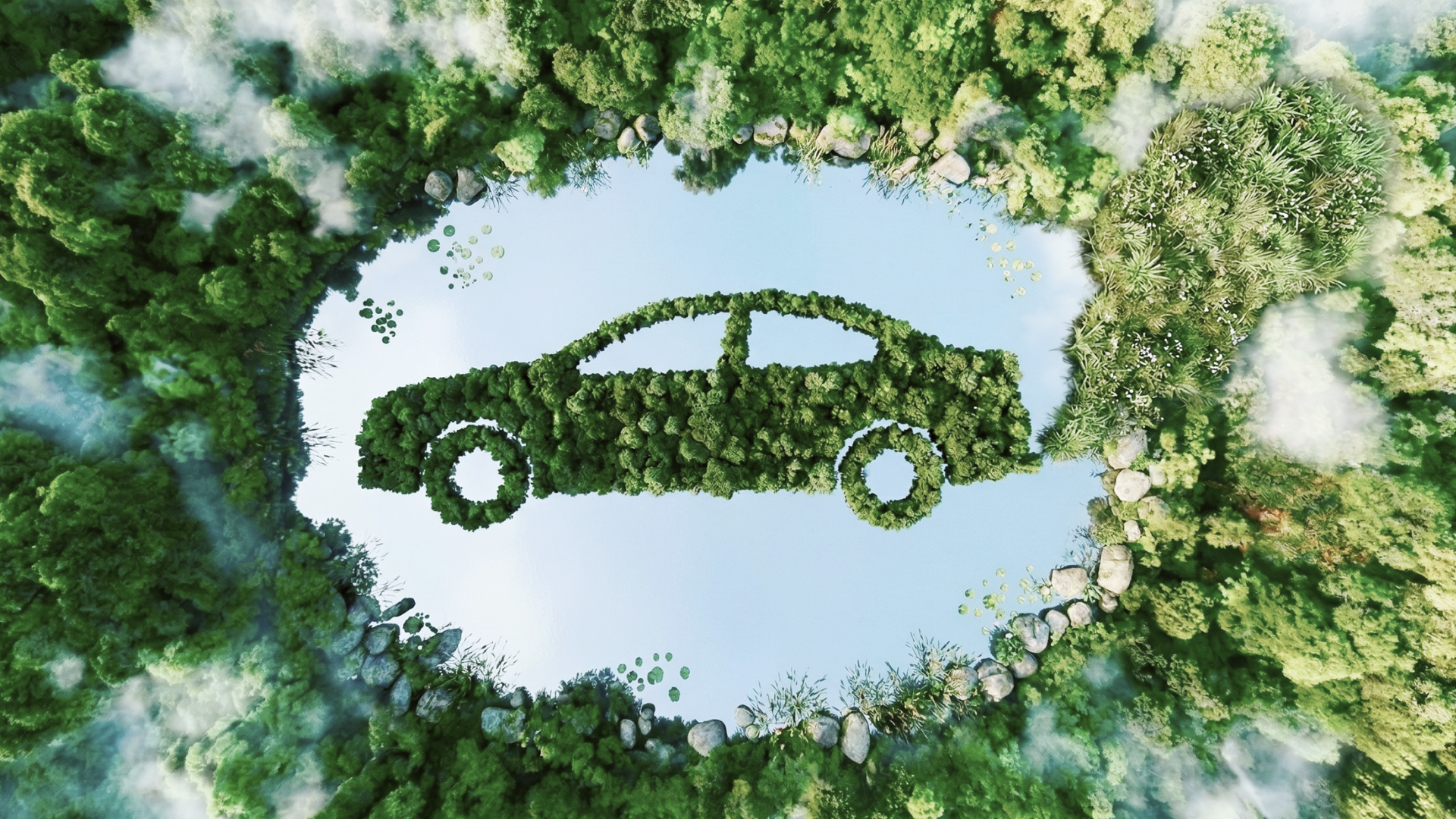 숲 속 호수 위에 나무로 자동차를 형상화한 모습