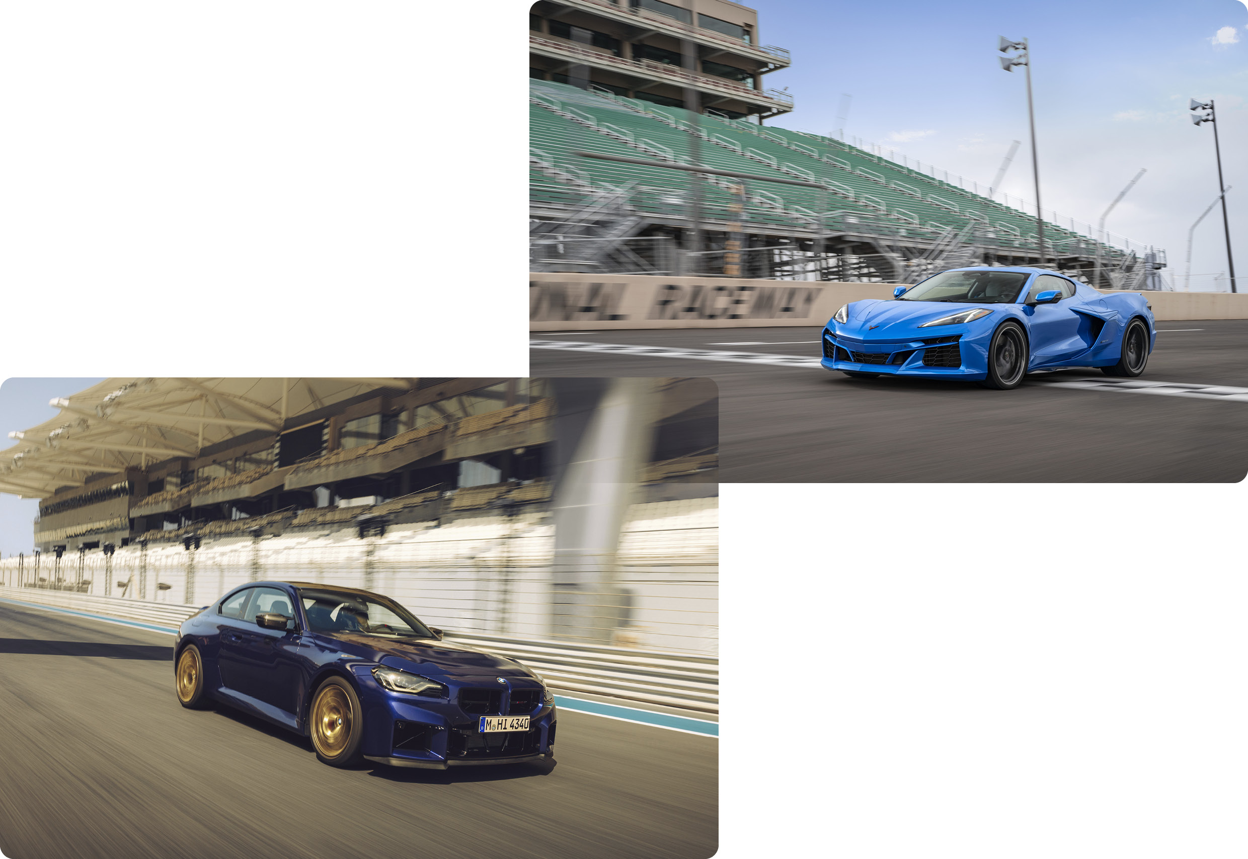 2026 월드카 어워즈 올해의 고성능차 최종 후보에 오른 BMW M2 CS와 쉐보레 콜벳 E-레이의 모습