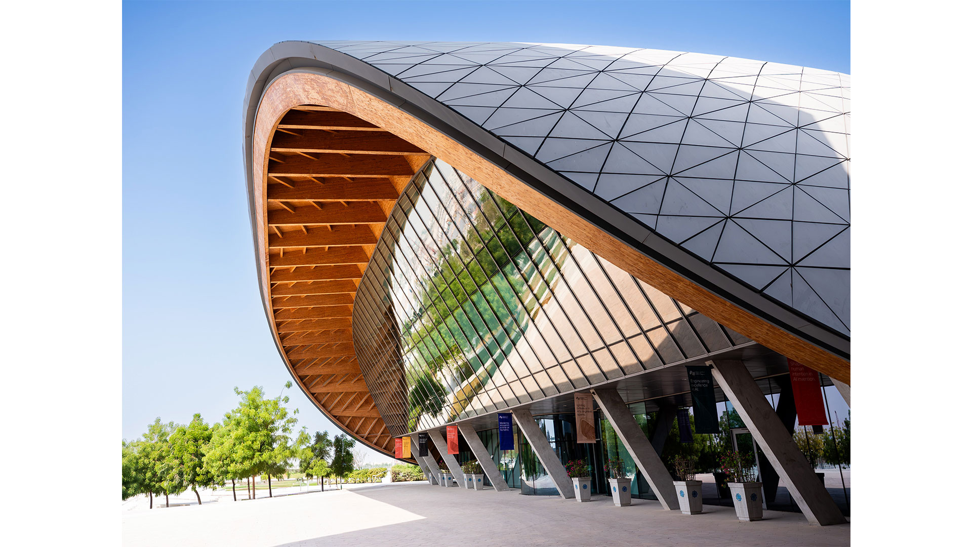 Exterior of Mohamed bin Zayed University of Artificial Intelligence, Abu Dhabi Music & Arts Foundation’s collaborative institution. Courtesy of MBZUAI