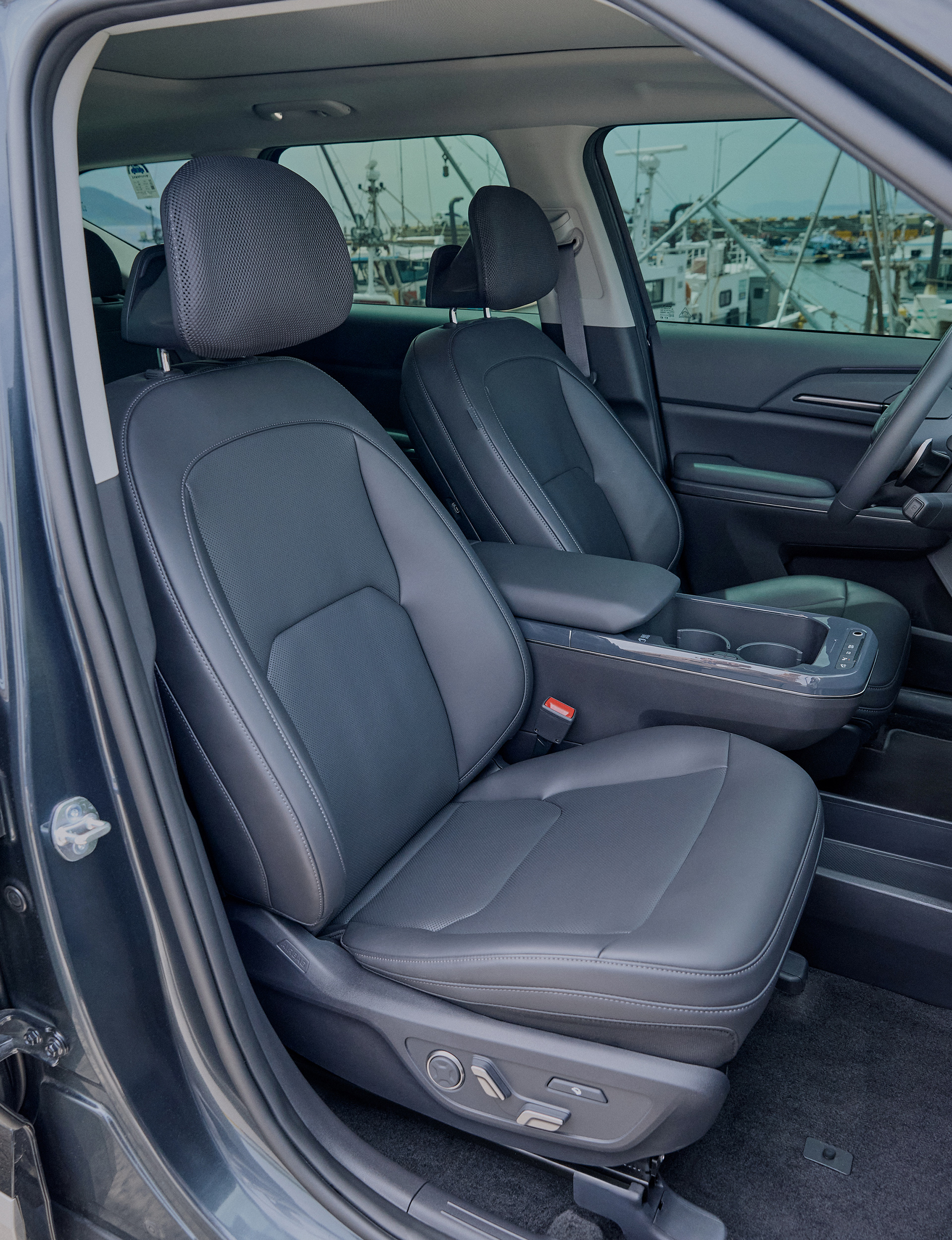 Rear-seat view of the Kia EV5 interior