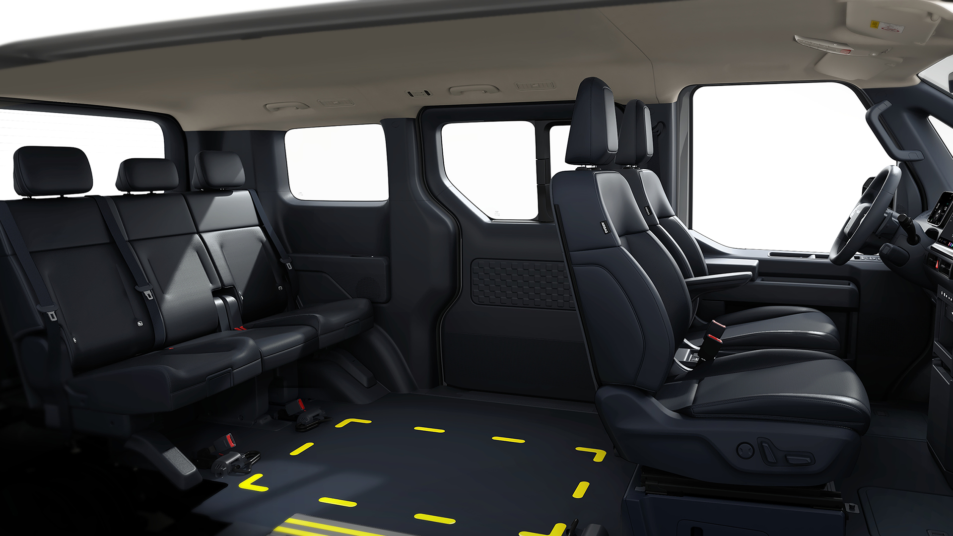 Wheelchair securement system inside the Kia PV5 WAV