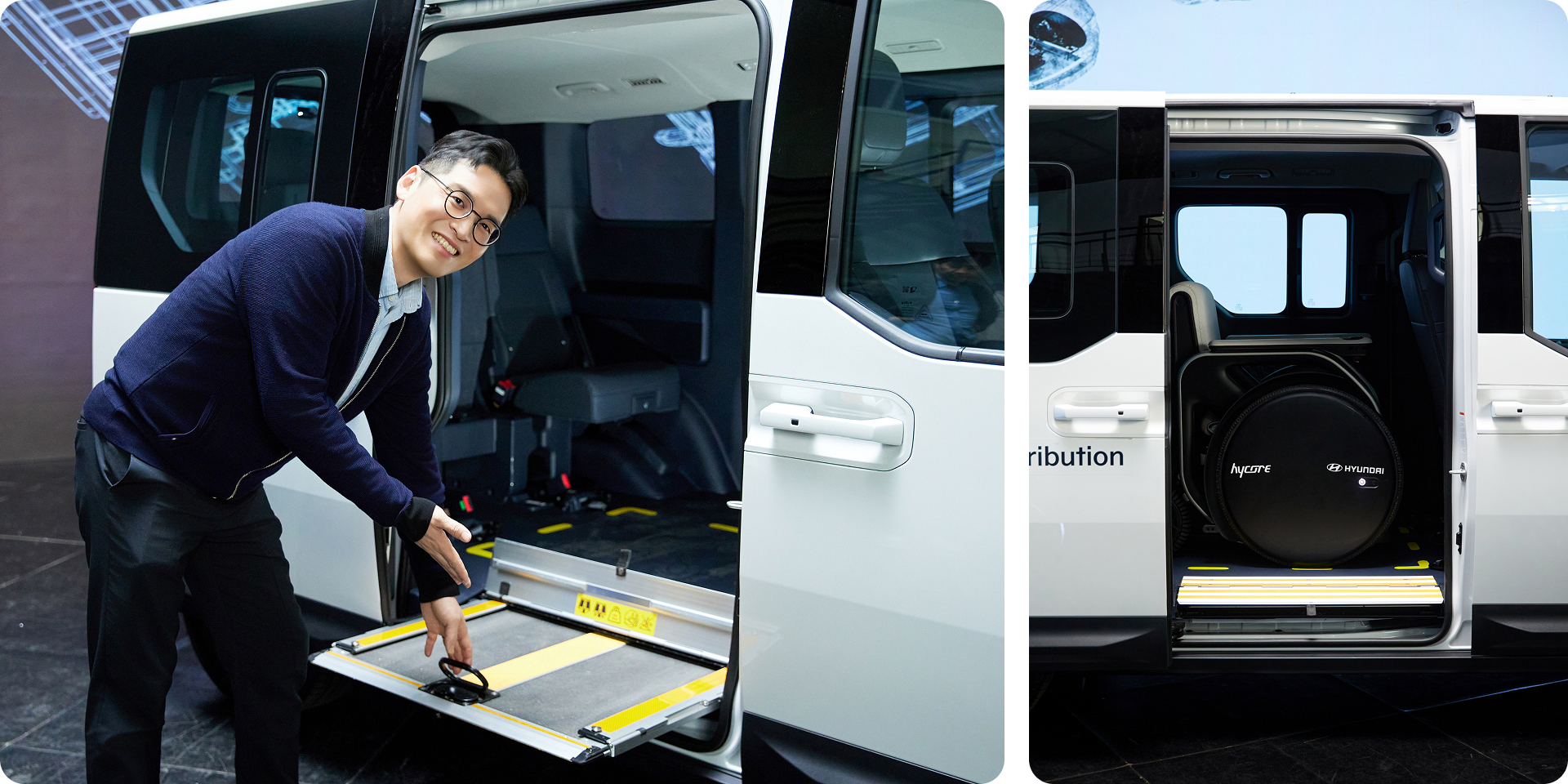 The side ramp deployed on the Kia PV5 WAV (left) and the side sliding door open (right)