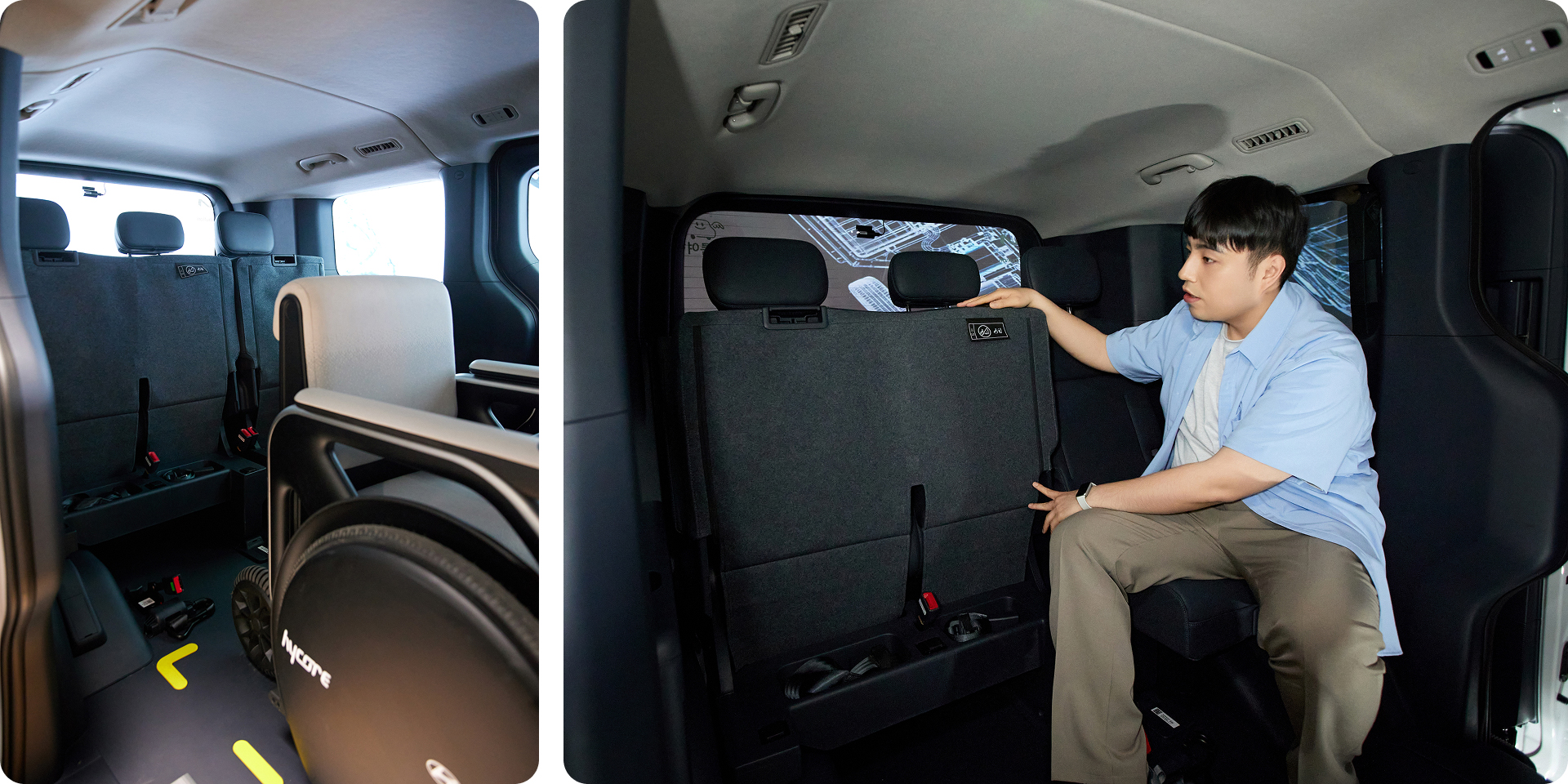 Second-row seating inside the Kia PV5 WAV (left) and the foldable seat in use (right)