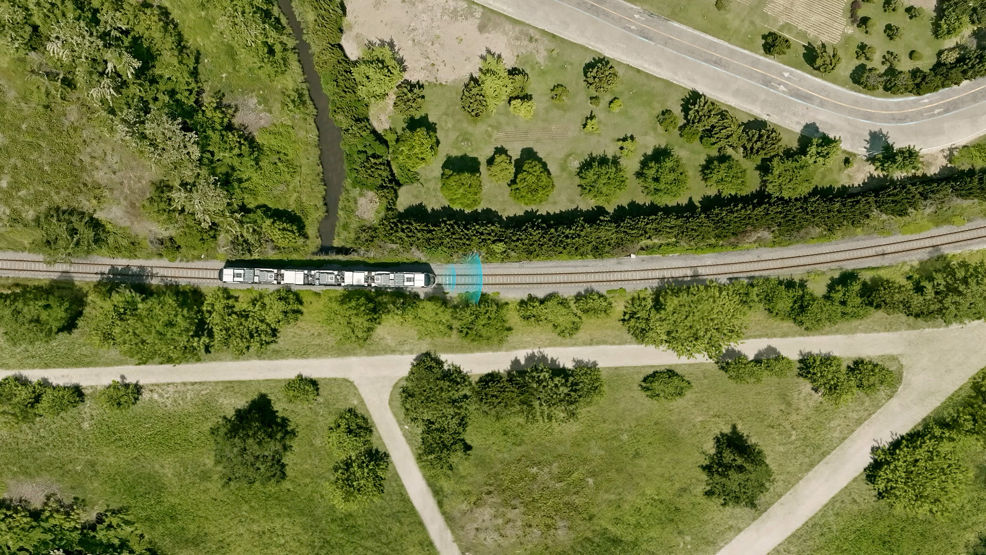 Overhead view of a train in motion