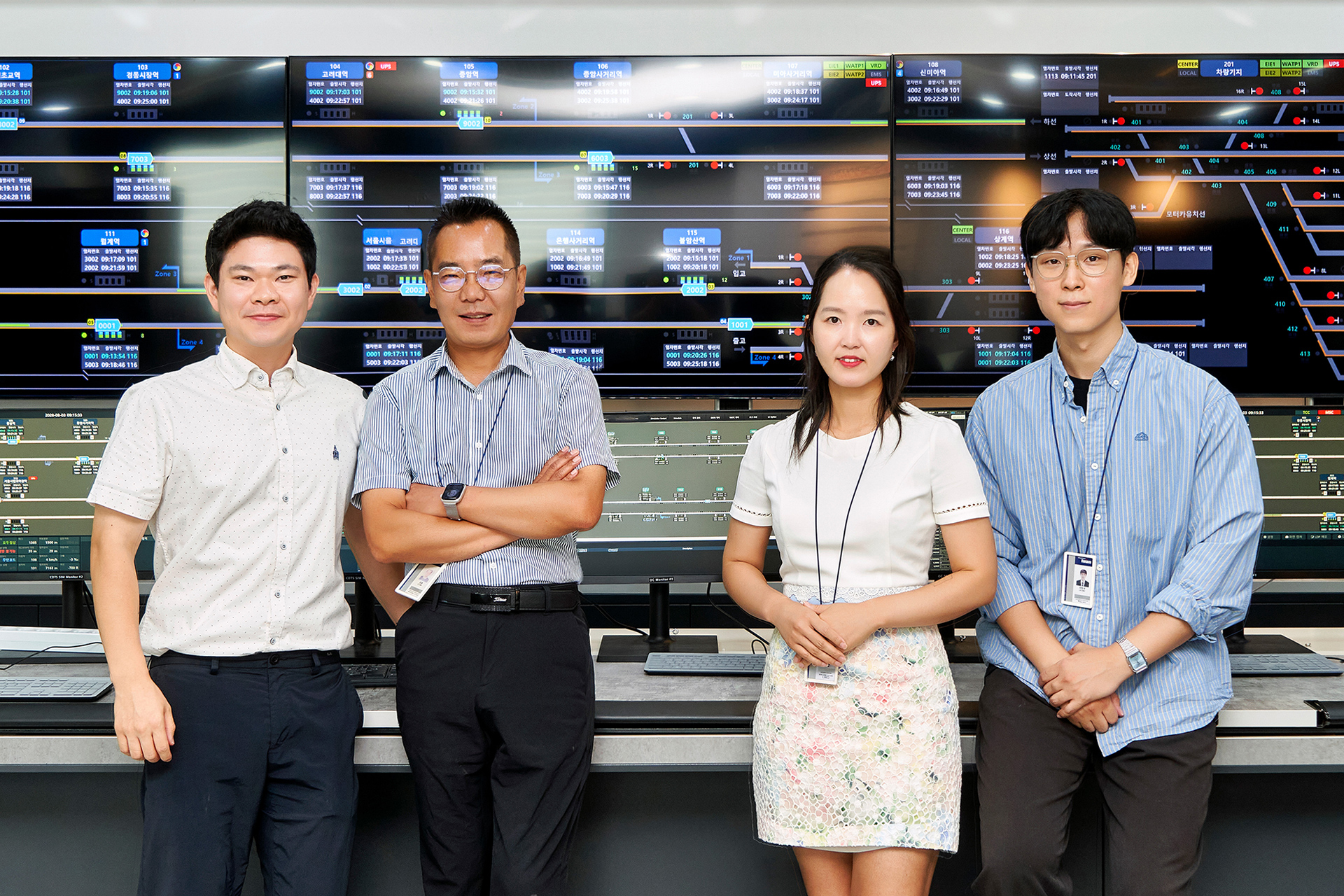 Hun Kim, Team Leader of the TCMS Development Team; Jeongkyu Seo, Research Engineer, and Yunseok Ji, Researcher, both on the TCMS Development Team; and Yeonseo Lee, Senior Research Engineer Researcher on the Urban Rail Signaling Development Team