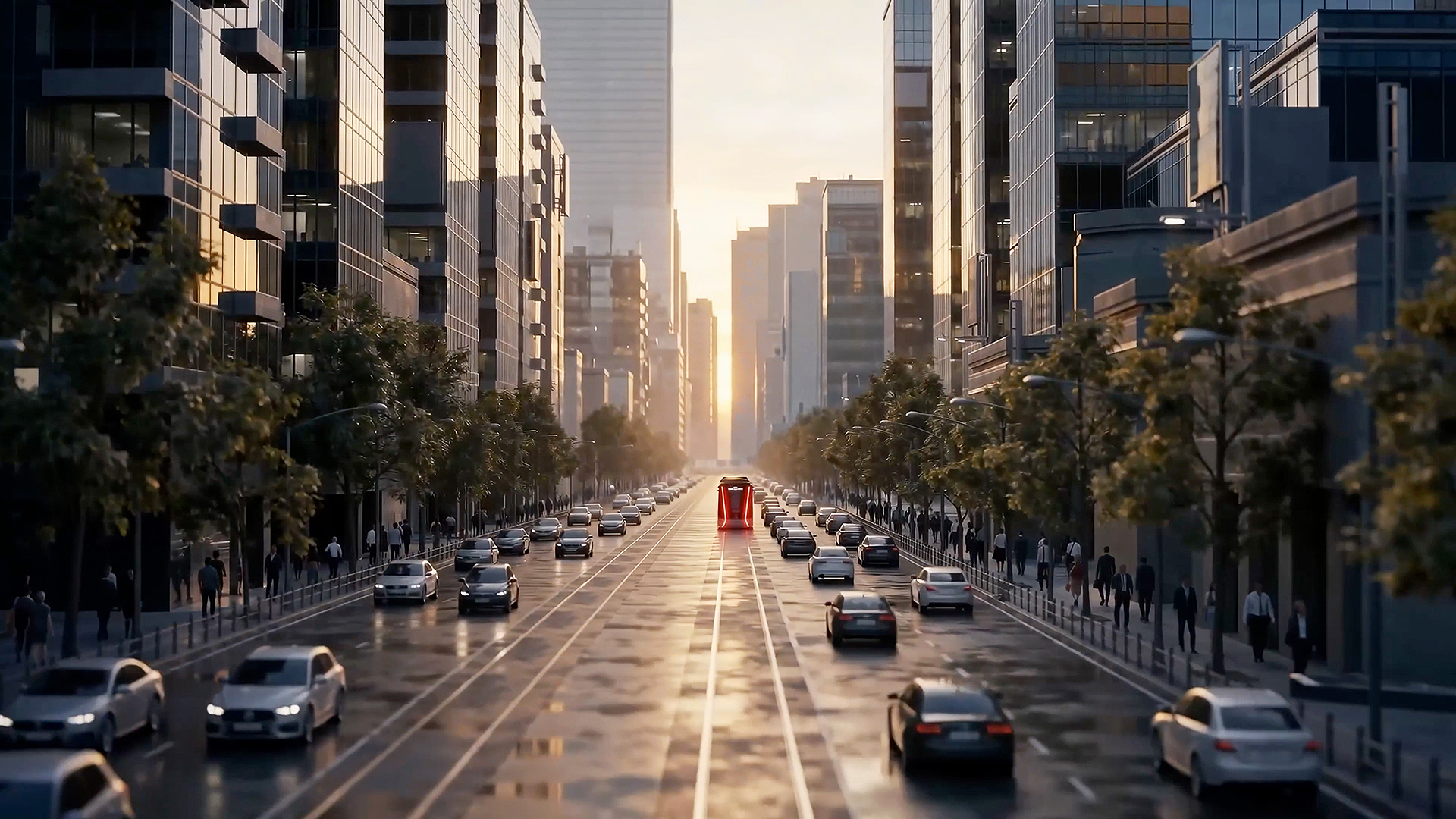Simulation image of an autonomous tram and surrounding vehicles traveling on an urban road