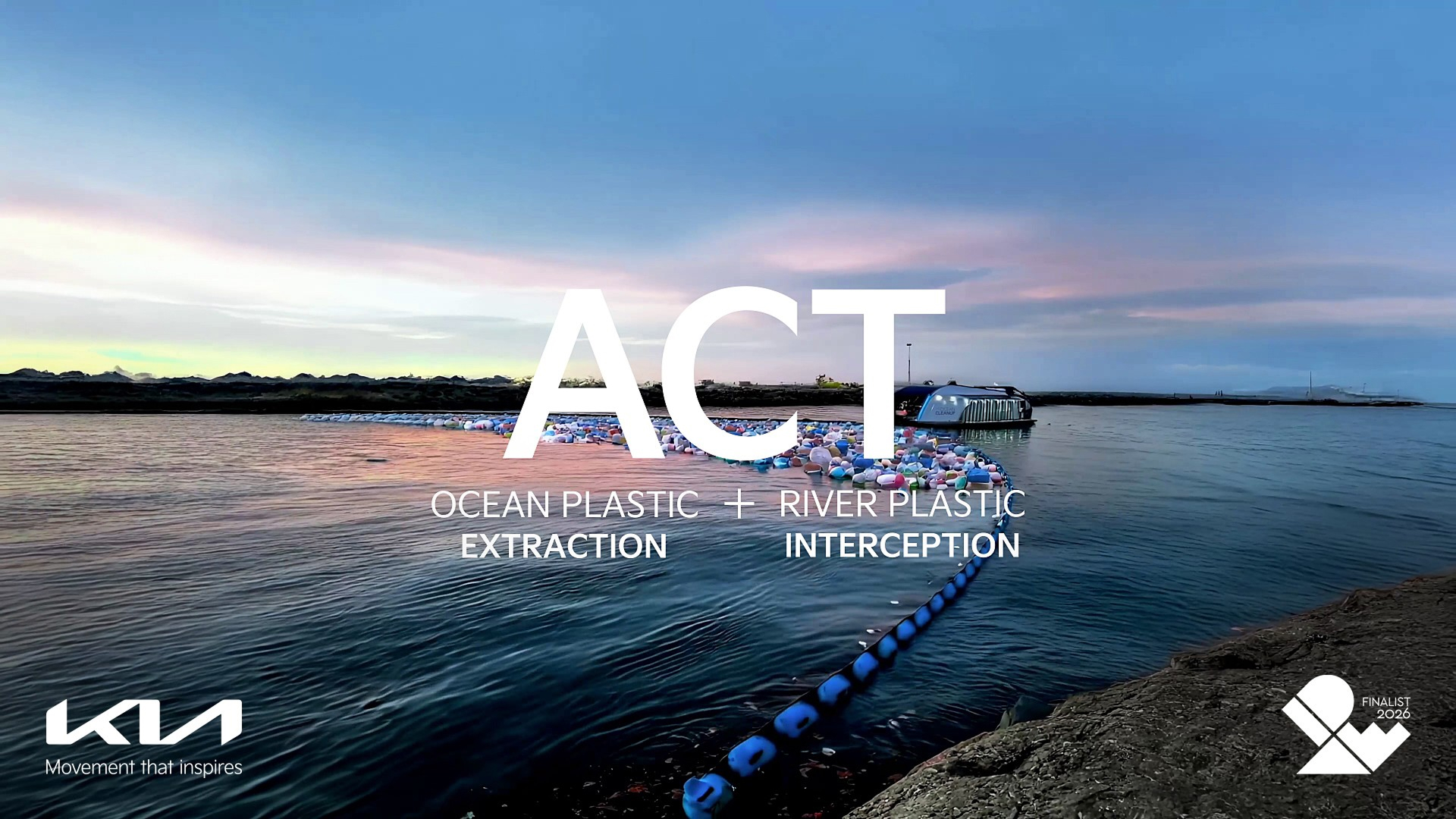 Kia Ocean Cleanup campaign with cleanup vessel and blue buoys collecting plastic debris, "ACT" text overlay, Kia logo and 2026 Finalist badge